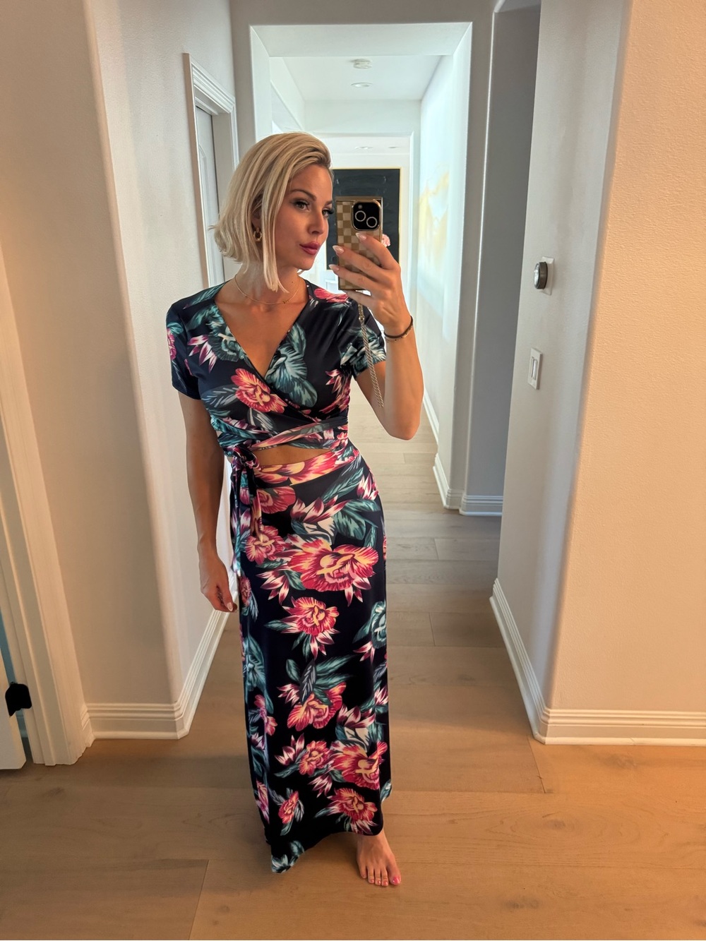 Floral Wrap Maxi Skirt and wrap Top Set - Navy with Pink Bloom